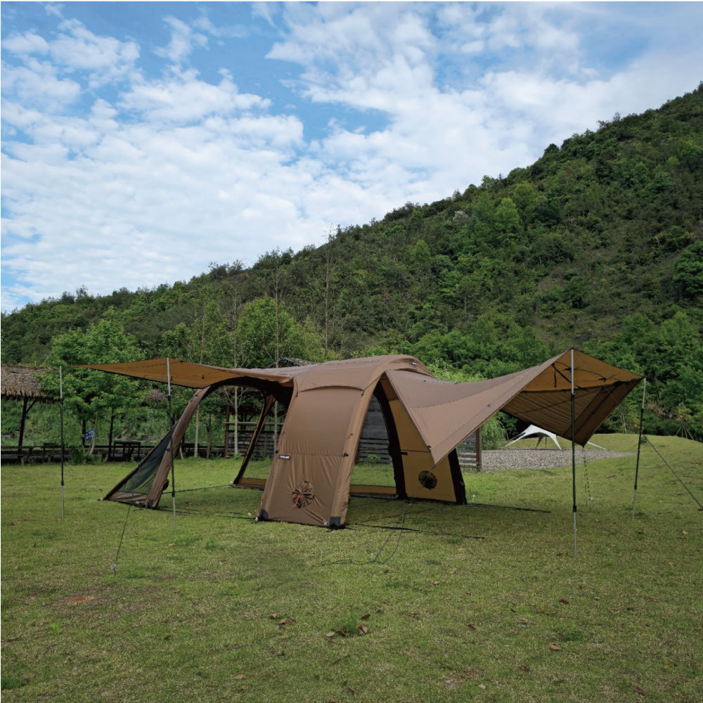 Gopamir TN600 air shelter with rain fly extended as an awning over the entrance