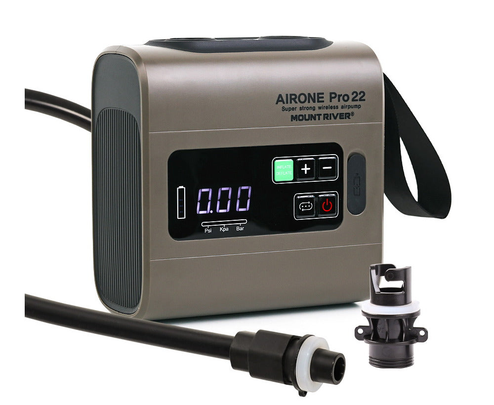Mount River Air One Pro 22 cordless air pump on white with its air hose and a valve nozzle.