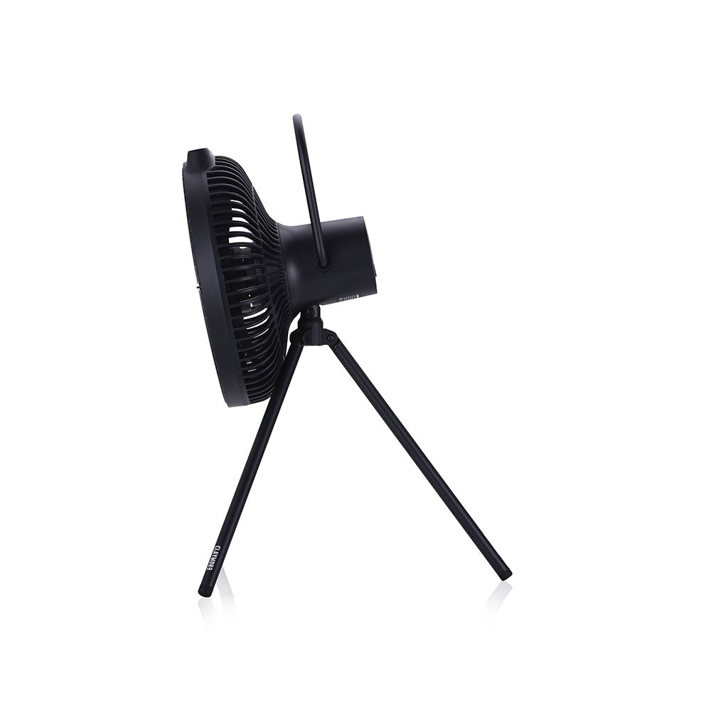 Black V1040 fan with its handle folded back as a tabletop stand