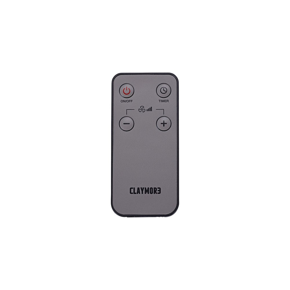 Close-up of the V1040 remote control with power, timer, and speed buttons
