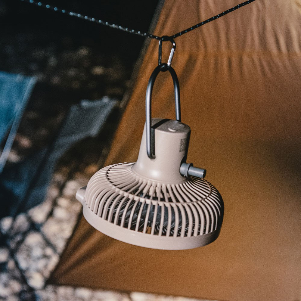 V600+ fan hanging upside down from a tent ridge line by a carabiner