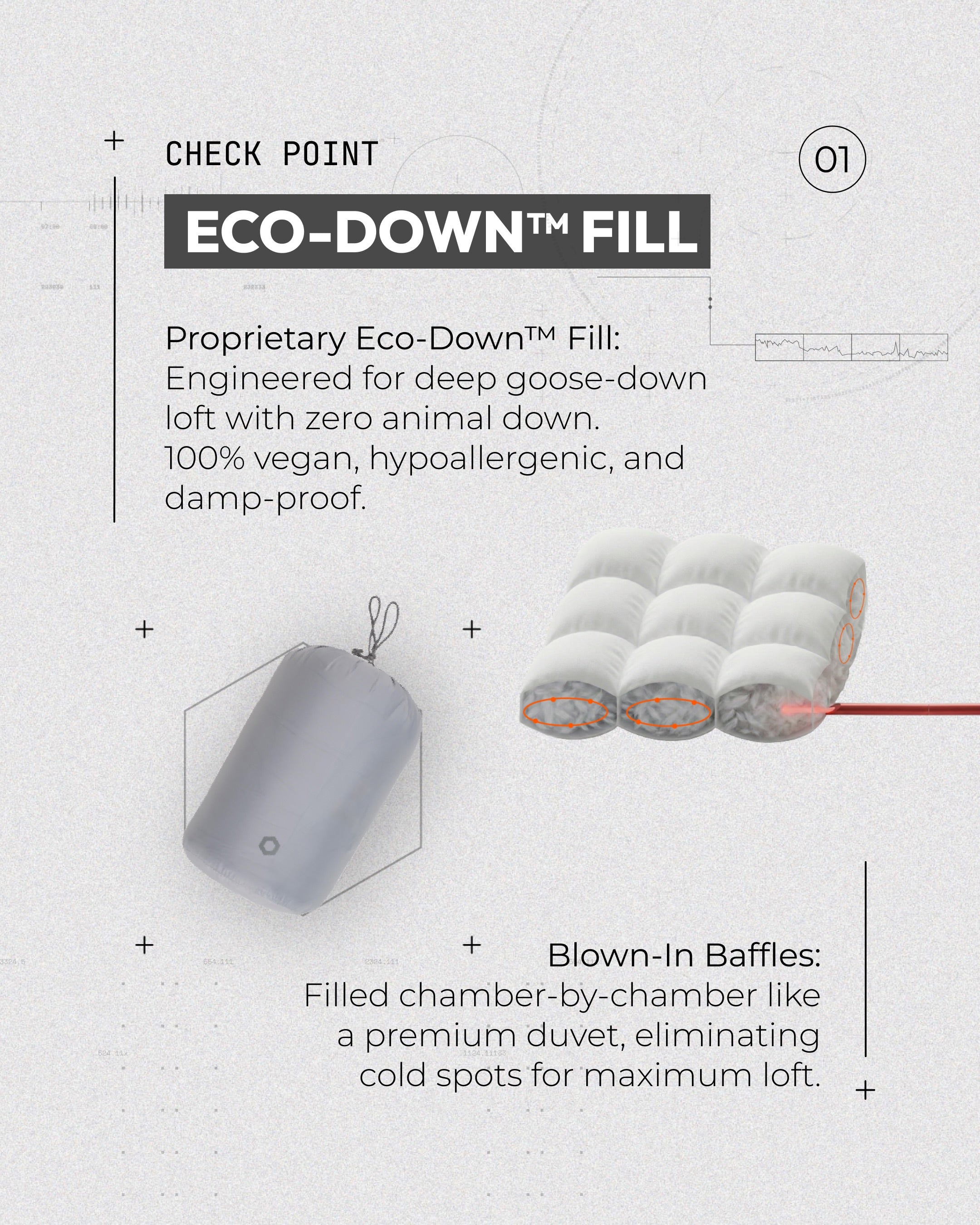 DEOS Camp Comforter feature — Eco-Down Fill: vegan down-style loft filled chamber-by-chamber with blown-in baffles