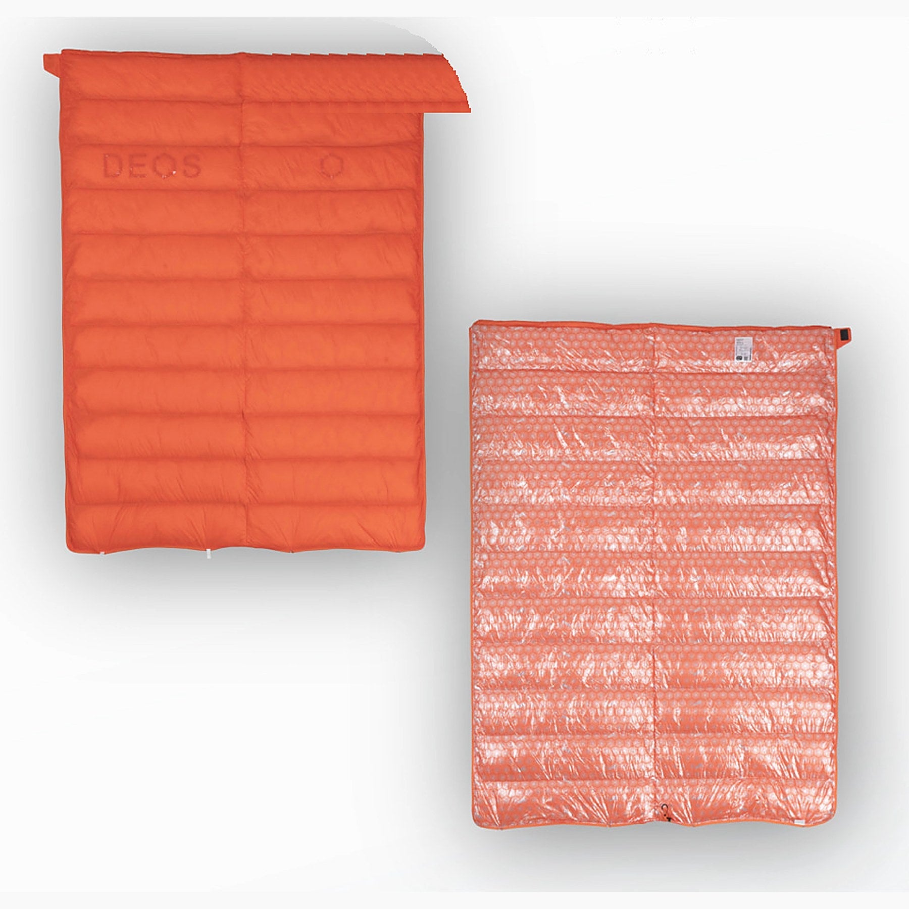 DEOS Eco-Down Camp Comforter 1500 in orange — quilted face and heat-reflective lining