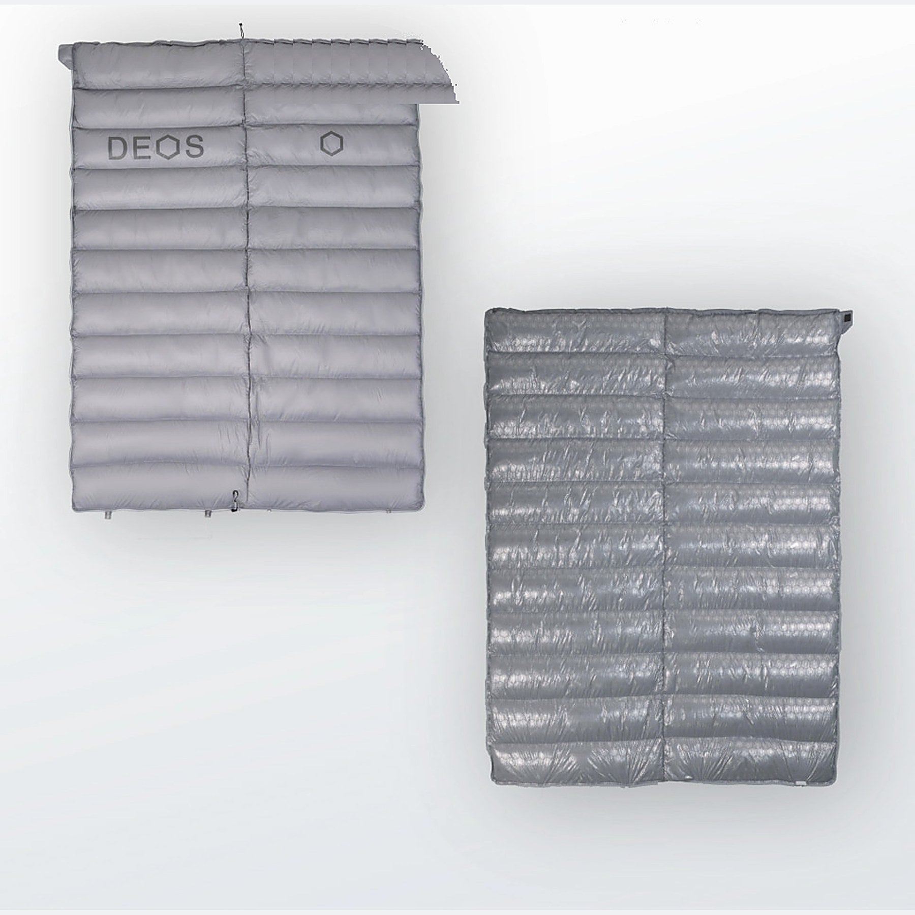 DEOS Eco-Down Camp Comforter 500 in gray — quilted face and heat-reflective lining