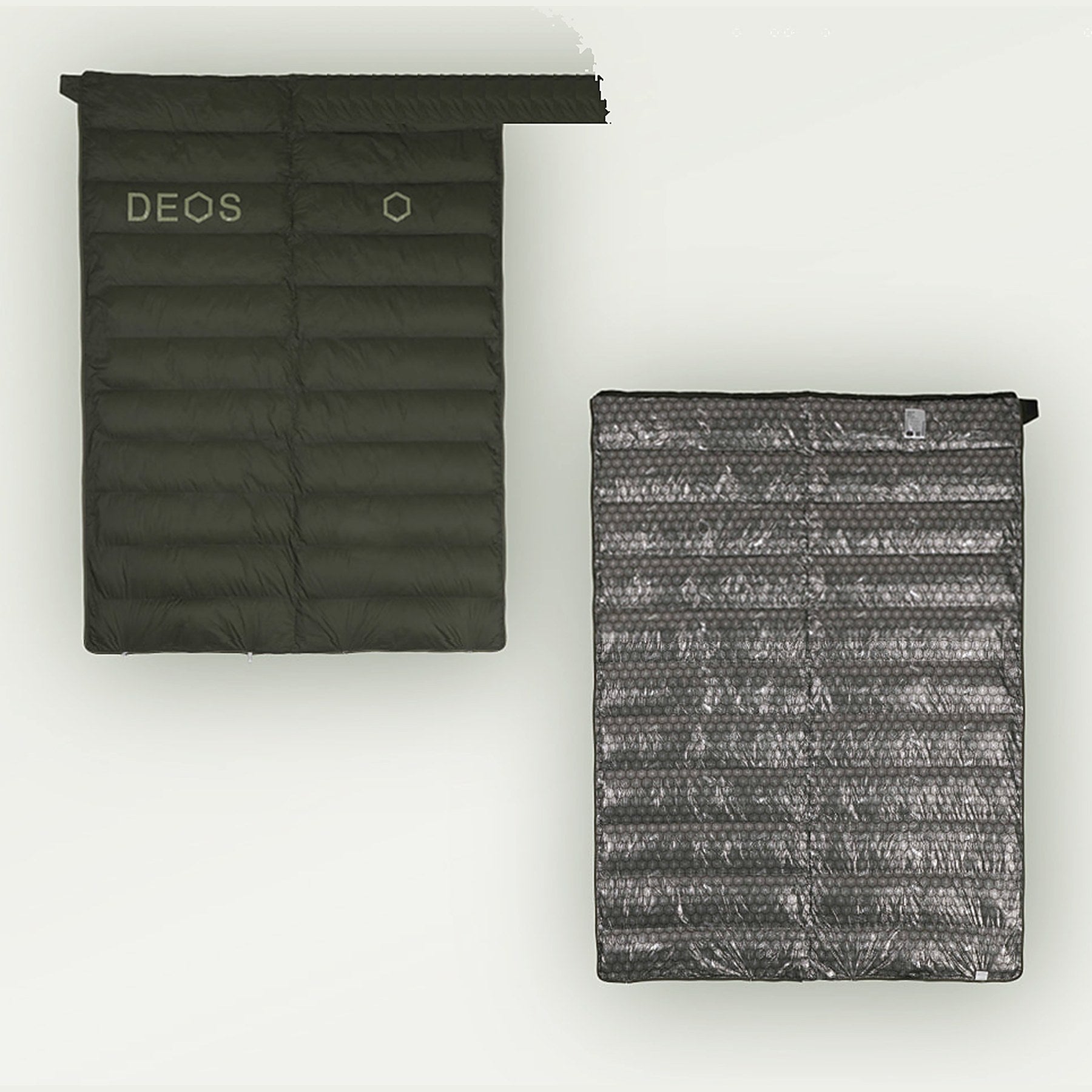 DEOS Eco-Down Camp Comforter 500 in olive — quilted face and heat-reflective lining