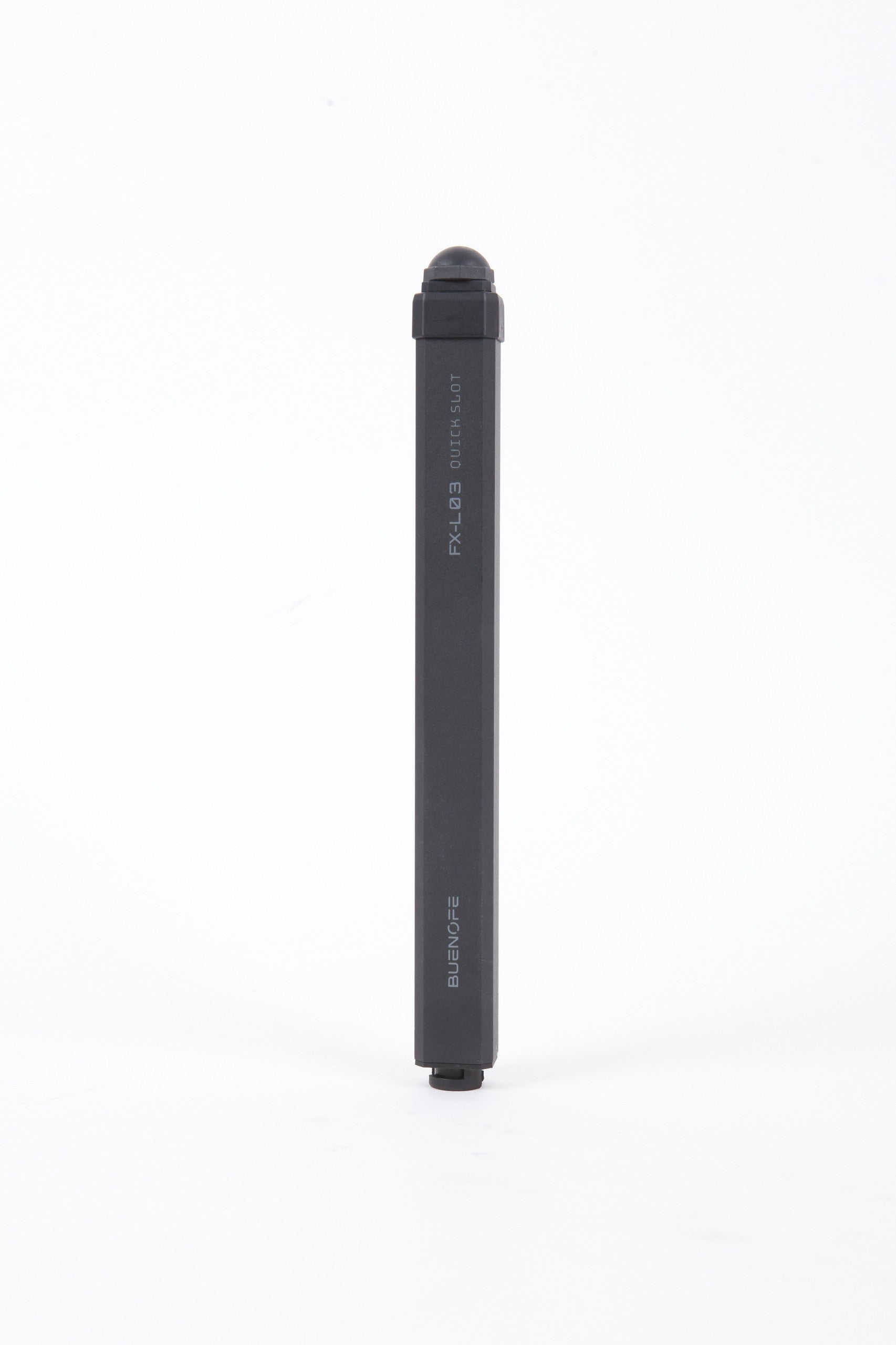 BUENOFE IGT Quick Slot Table Leg shown as a single matte-black leg standing vertically on a white background, the slim square aluminum profile engraved FX-L03 Quick Slot with a rounded non-slip foot at the base.