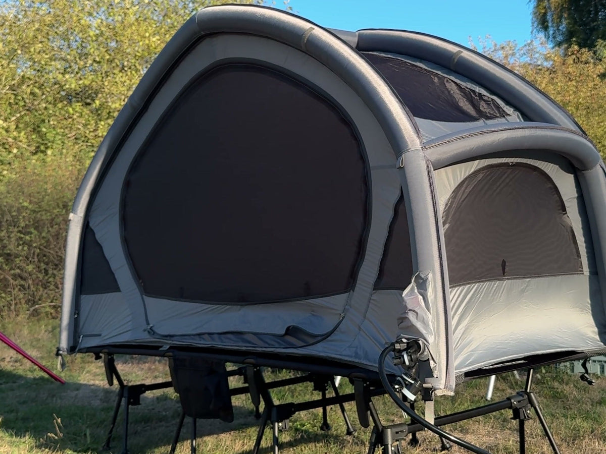 Neo Nest 80 Air fully inflated on a camp cot, seen from the end (cot and electric pump sold separately).