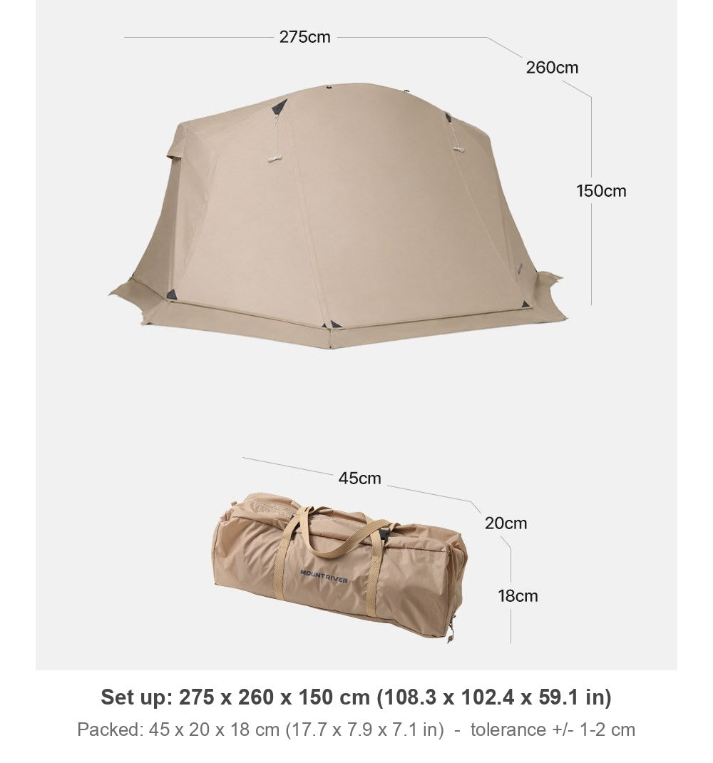 Dimension drawing: rainfly set up at 275 x 260 x 150 cm and packed in its bag at 45 x 20 x 18 cm.