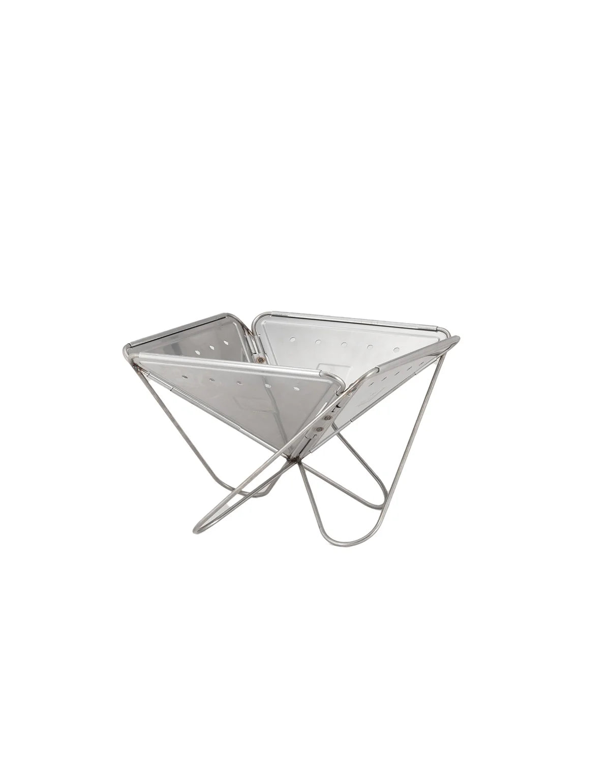 Pack & Carry Fireplace opened, stainless steel fire pit on its folding X frame