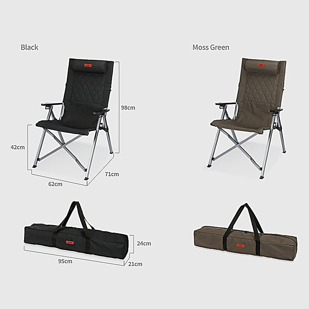Recliner Relax Chair dimensions: 62 x 71 x 98 cm, 42 cm seat height, carry bag 95 x 21 x 24 cm