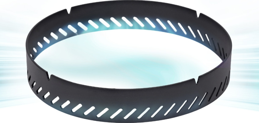 BUENOFE Stove Windscreen shown alone as a floating circular band against a soft blue gradient, back-lit so light passes through the row of angled vents to highlight the airflow slots around the ring.