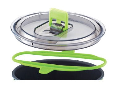 Clear lid with the lid fixing ring clipped in place on top of the container