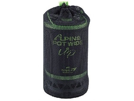 Alpine Pot Wide Up packed into its mesh drawstring carry bag