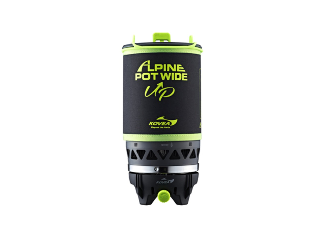Alpine Pot Wide Up studio product shot with the neoprene cozy sleeve and burner base
