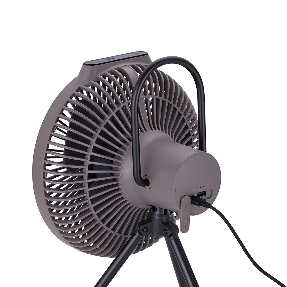 USB-C cable plugged into the Warm Grey V1040 fan for charging