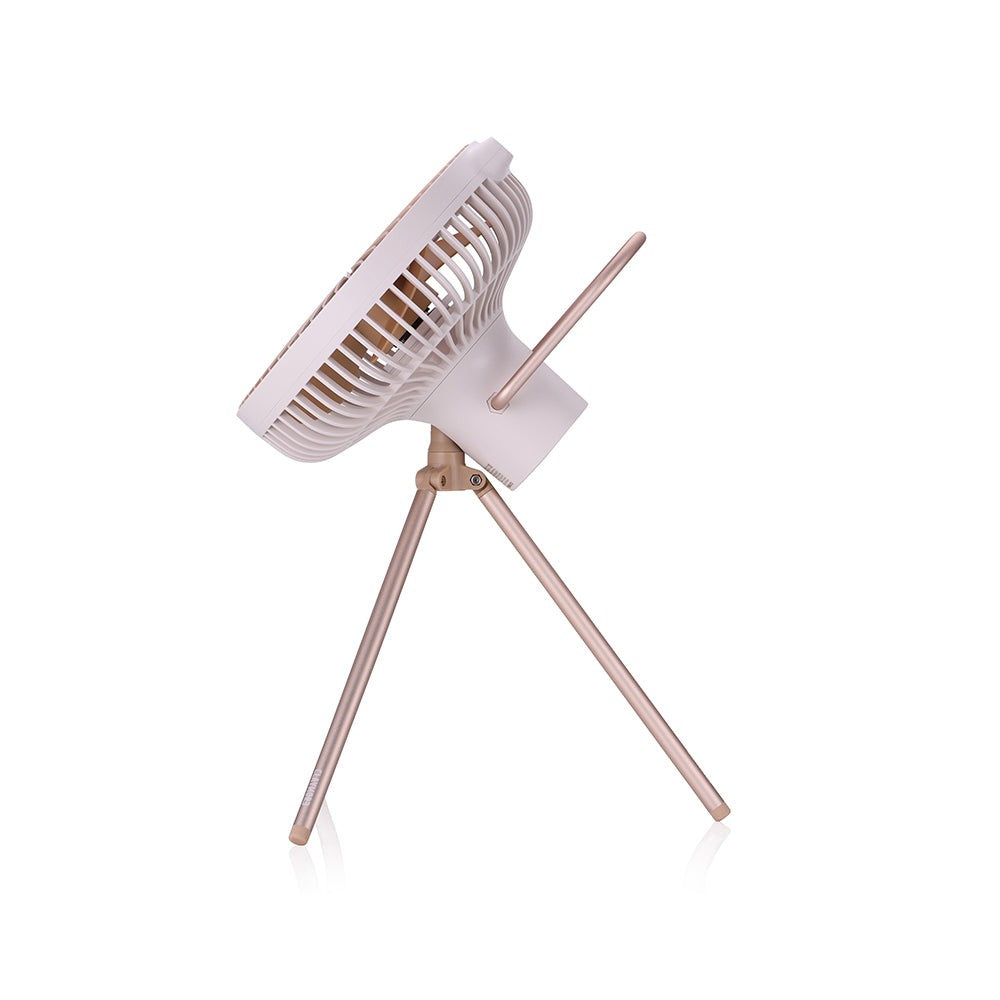 V600+ fan in Sand Beige with its head tilted 45 degrees upward