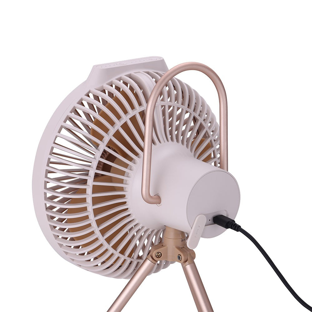 USB-C charging cable plugged into the rear charge port of the V600+ fan