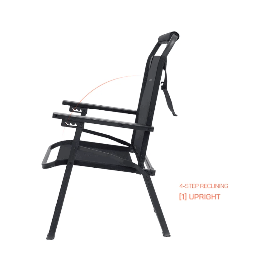 Animated demo of the FLOW folding chair moving through its four recline positions from upright to rest