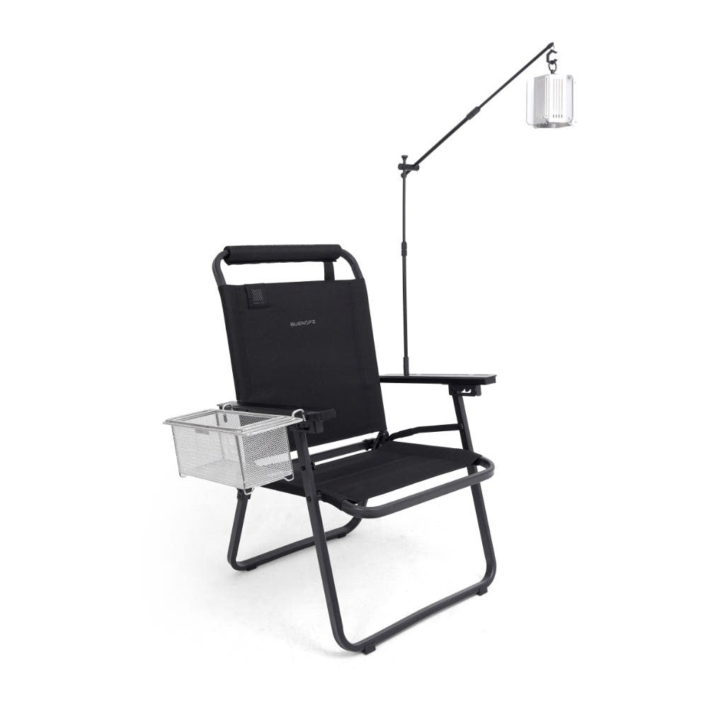 FLOW folding chair with mesh basket and lantern stand mounted on the armrest rails