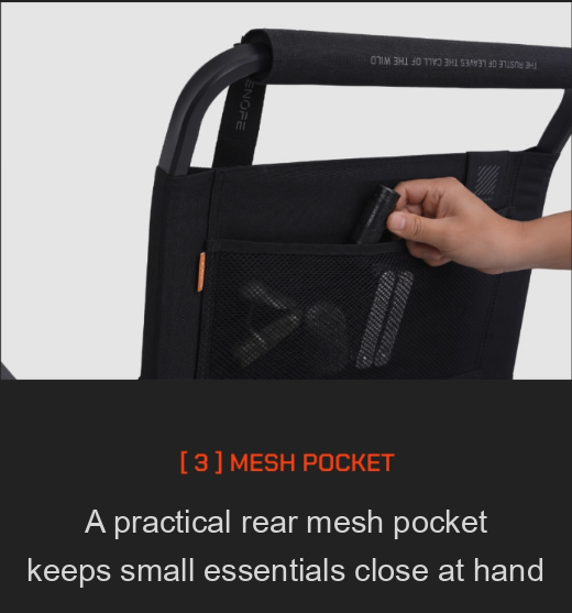 Rear mesh pocket on the FLOW folding chair storing small essentials like a flashlight