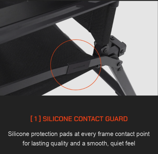 Silicone contact guard pads on the FLOW folding chair frame joints for smooth, quiet operation