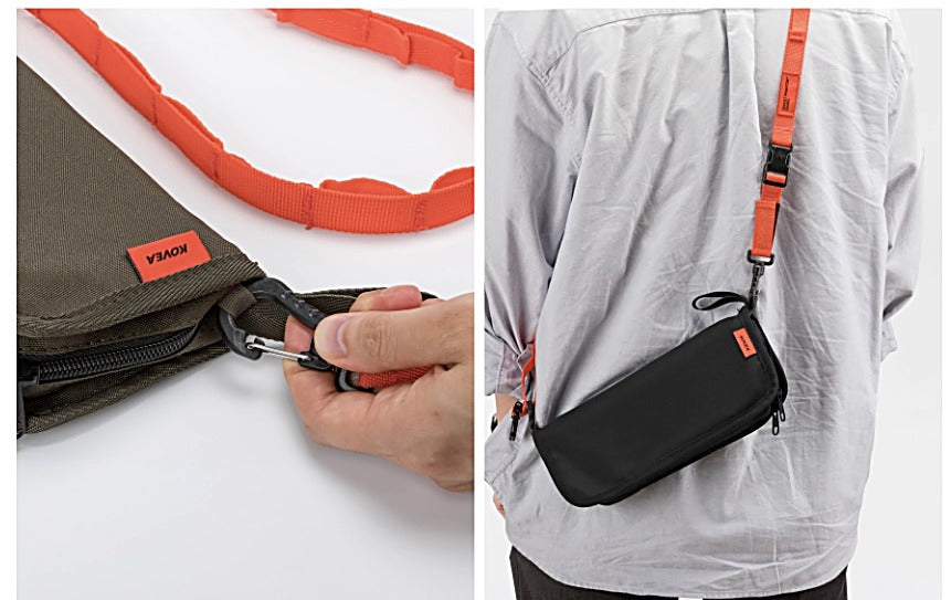 Webbing loop lets you clip on a shoulder strap for crossbody carry (strap sold separately)
