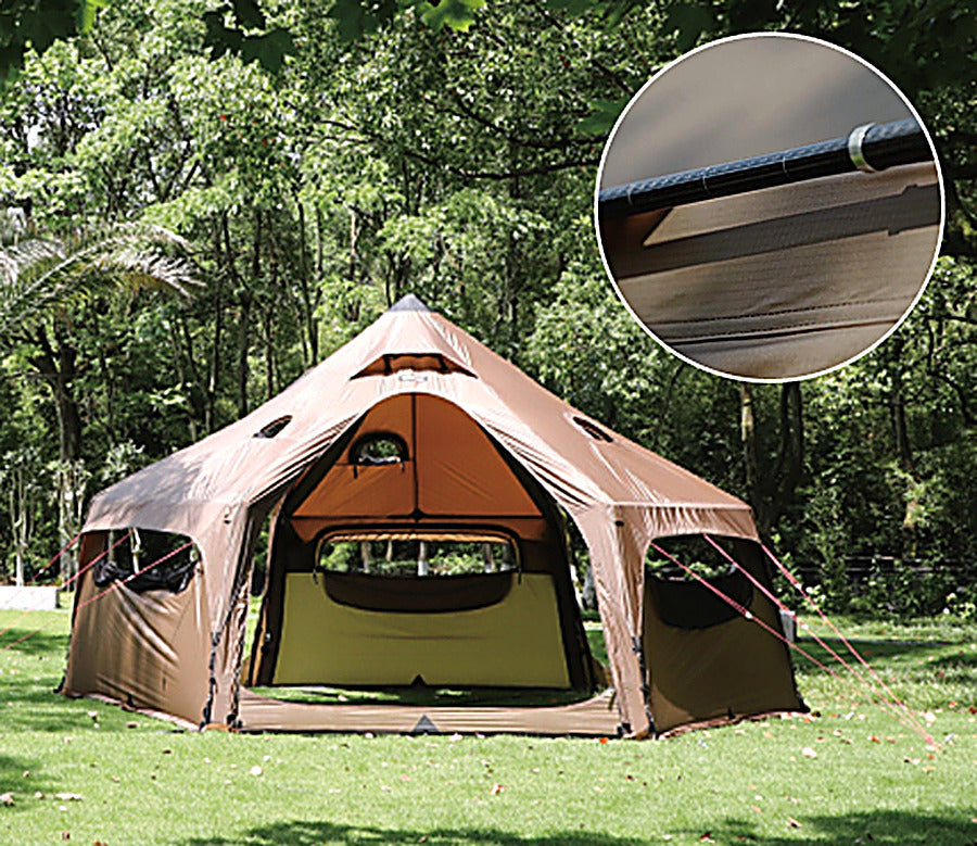 Gopamir G450 Air Shelter Sand Brown pitched on lawn, inset close-up of the air beam sleeve along the ridge