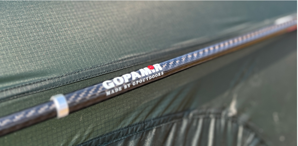 Gopamir G450 Dark Green carbon center pole with GOPAMIR branding visible on canopy surface