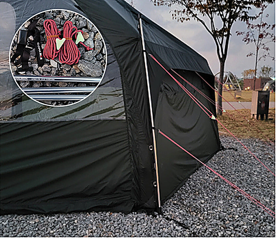 Gopamir G450 standing supported by the duralumin spare pole at dusk, inset close-up of the coiled spare pole and rope kit