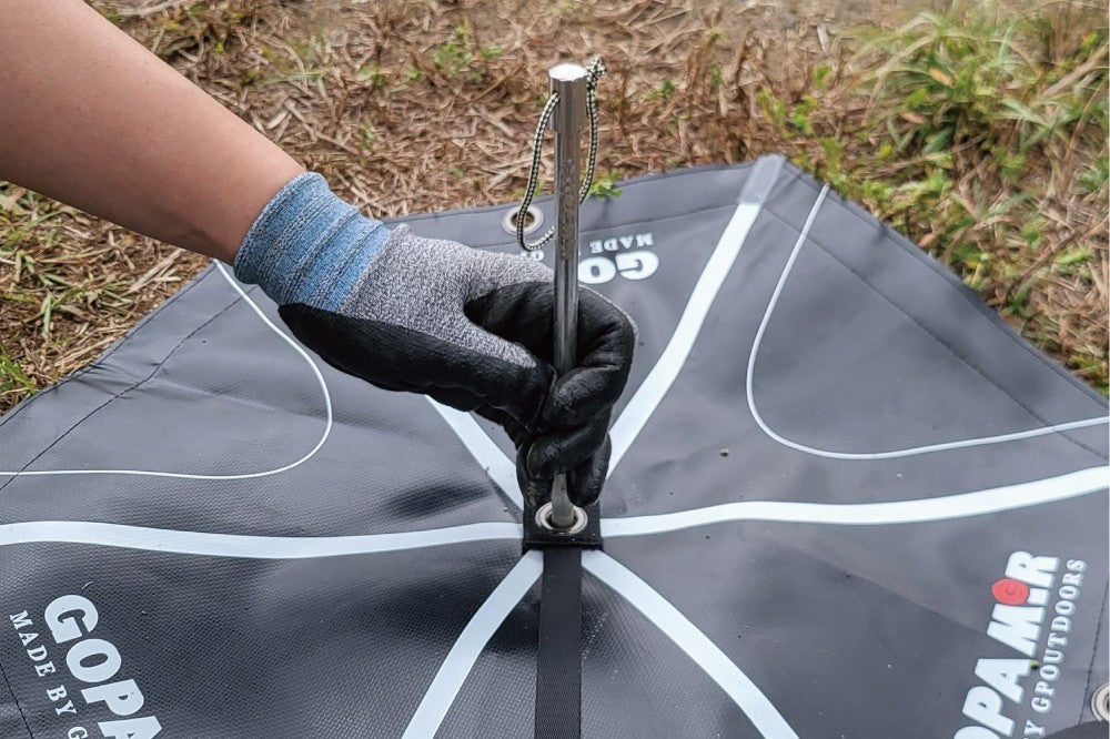 G450 shelter inflated with corners pre-staked at marker positions