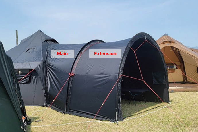 Multiple Extension units chained forward from Main creating long covered corridor on grass
