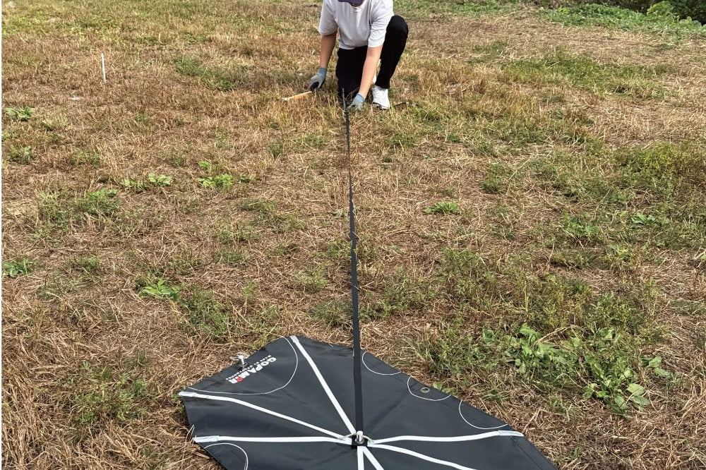 Staking out the Gopamir T720+ guy-line set in the field