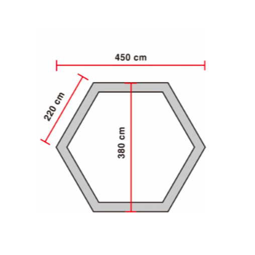 Gopamir G450 line drawing showing 450 by 380 cm hexagonal footprint with 250 cm peak height, 235 cm side, 120 cm door, and 220 cm inner width