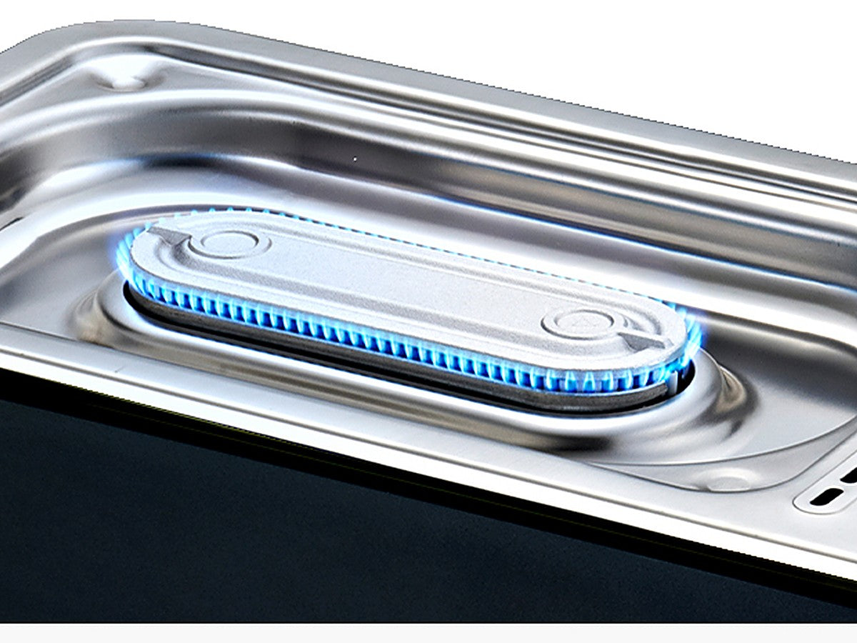 Oval blue flame burner recessed in the stove body
