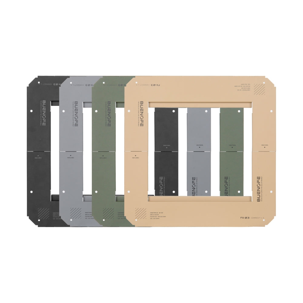 Studio lineup of the BUENOFE IGT Connect Table 1.5 in all four colorways - black, silver-gray, olive and tan - overlapped on a white background to show the full finish range.