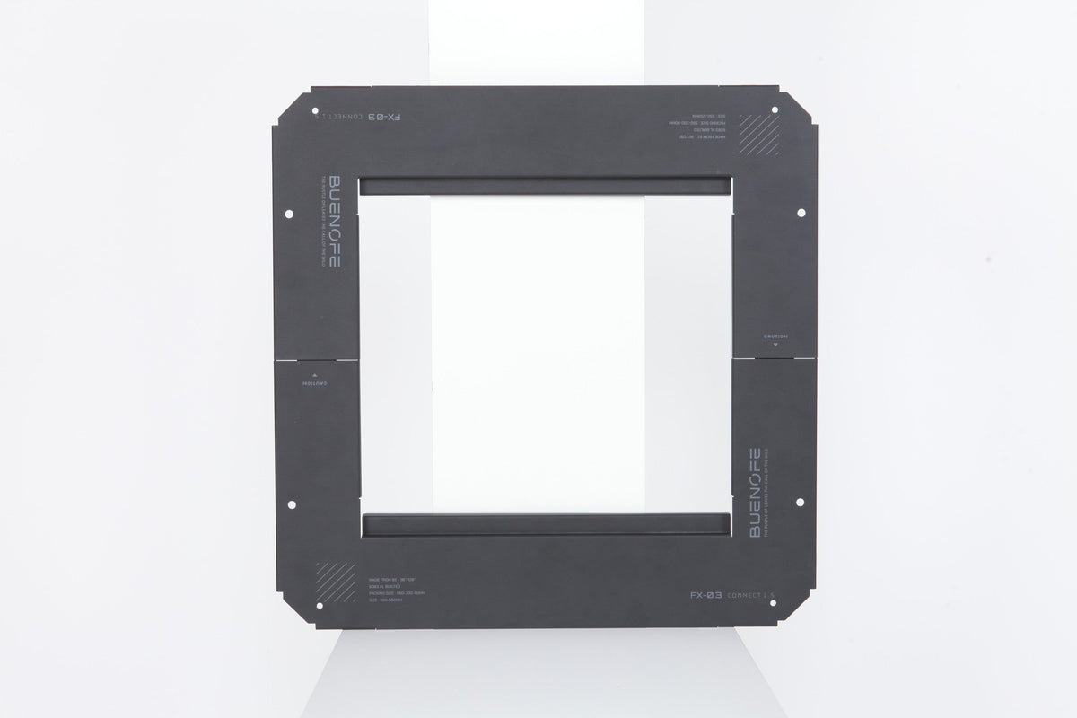 BUENOFE IGT Connect Table 1.5 in a matte black finish photographed front-on as an open square aluminum frame on a white studio background, showing the same slim rail profile as the other colorways.