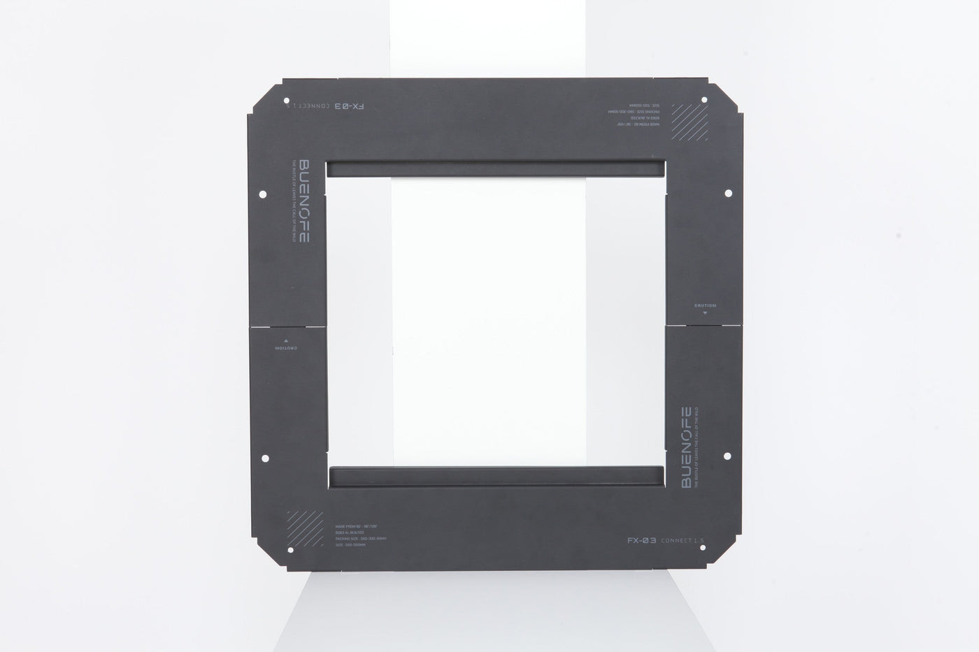 BUENOFE IGT Connect Table 1.5 in a matte black finish photographed front-on as an open square aluminum frame on a white studio background, showing the same slim rail profile as the other colorways.