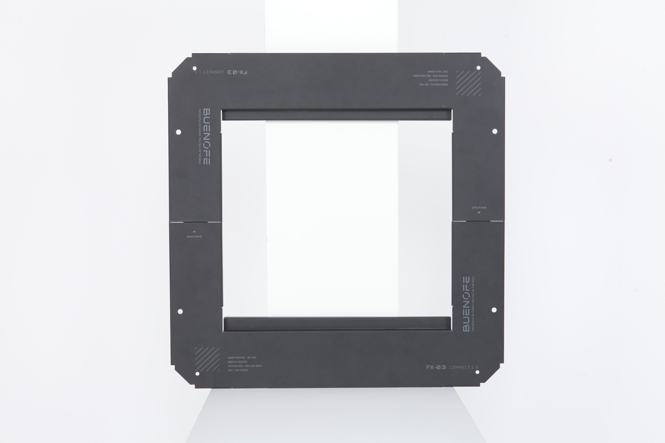 BUENOFE IGT Connect Table 1.5 in a matte black finish photographed front-on as an open square aluminum frame on a white studio background, showing the same slim rail profile as the other colorways.