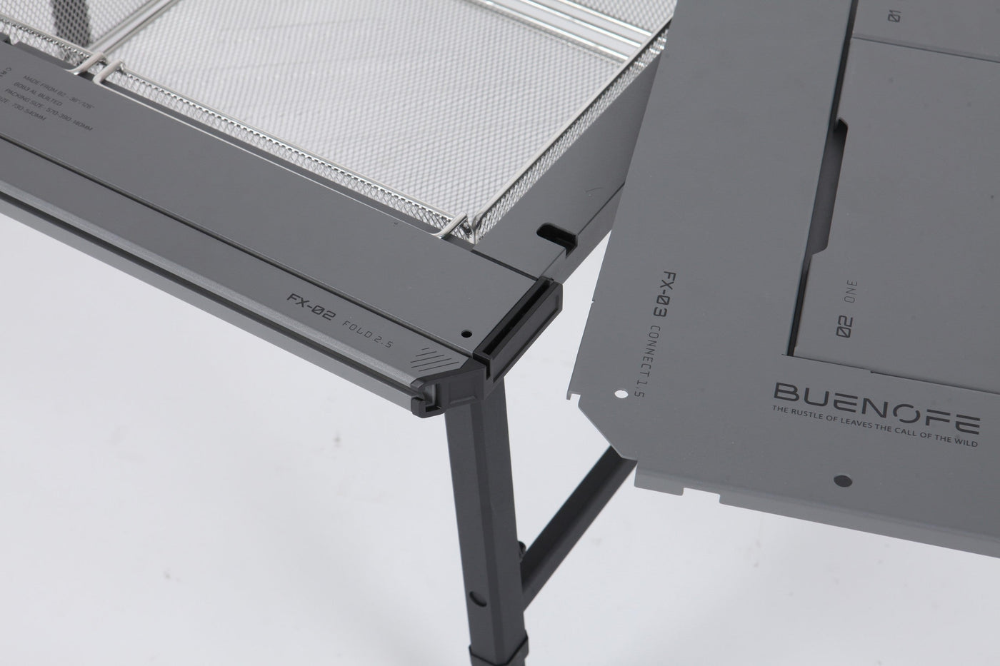 Close-up of the BUENOFE IGT Connect Table 1.5 connection point where its rail links to a BUENOFE FX-02 folding table, detailing the interlocking edge that joins two tables into one surface.