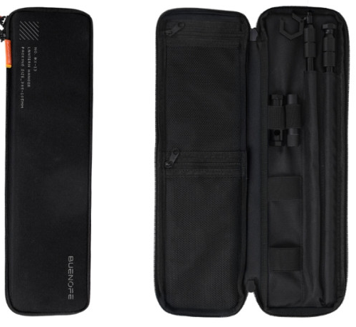 BUENOFE IGT Lantern Hanger fabric carry pouch shown closed and opened flat, revealing internal elastic pockets that hold the collapsed poles and fittings for transport, on a white background.