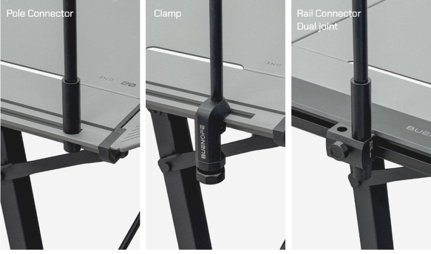 BUENOFE IGT Lantern Hanger mounting options shown in three side-by-side panels labeled Pole Connector, Clamp, and Rail Connector Dual joint, each demonstrating a different way the pole attaches to an IGT table rail.