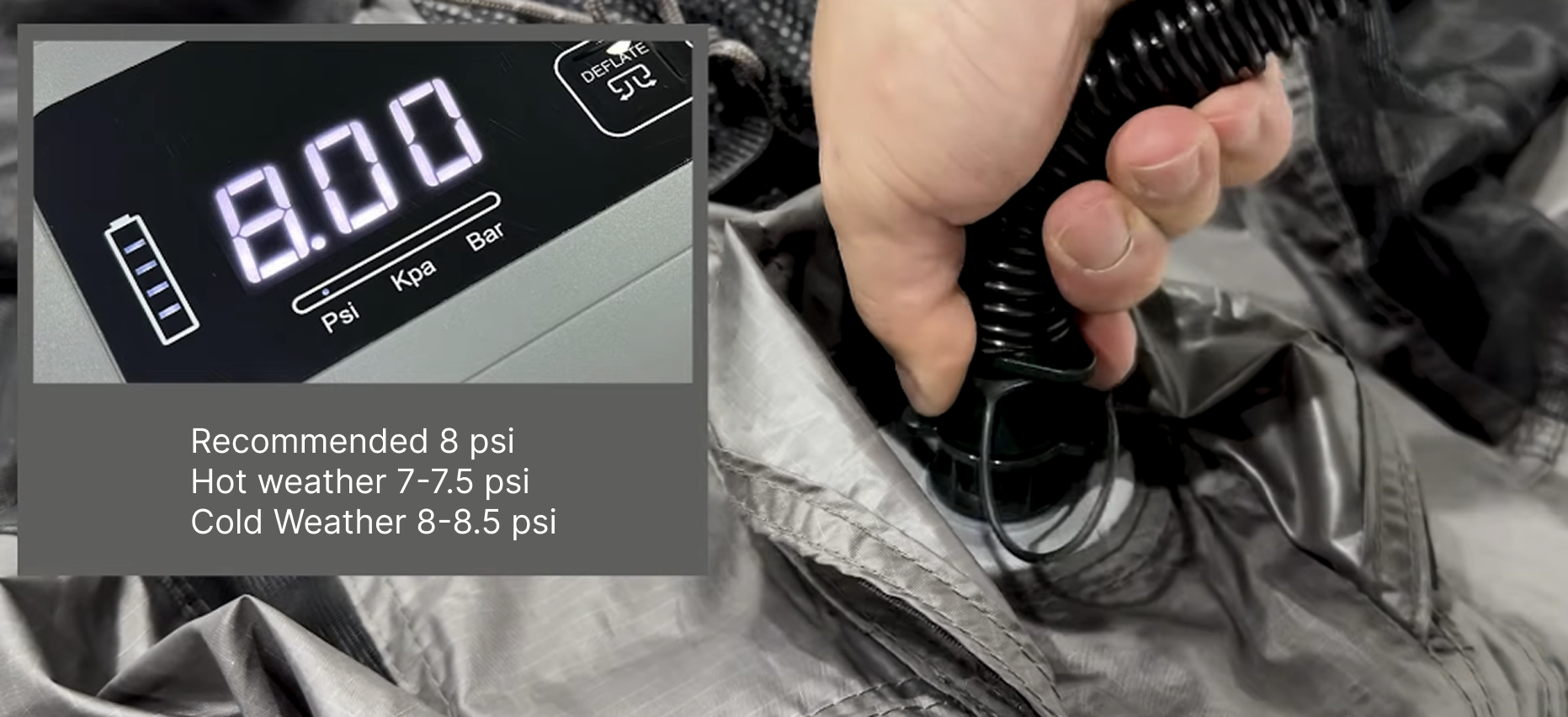 Pump gauge reading 8.00 PSI with seasonal pressure guidance