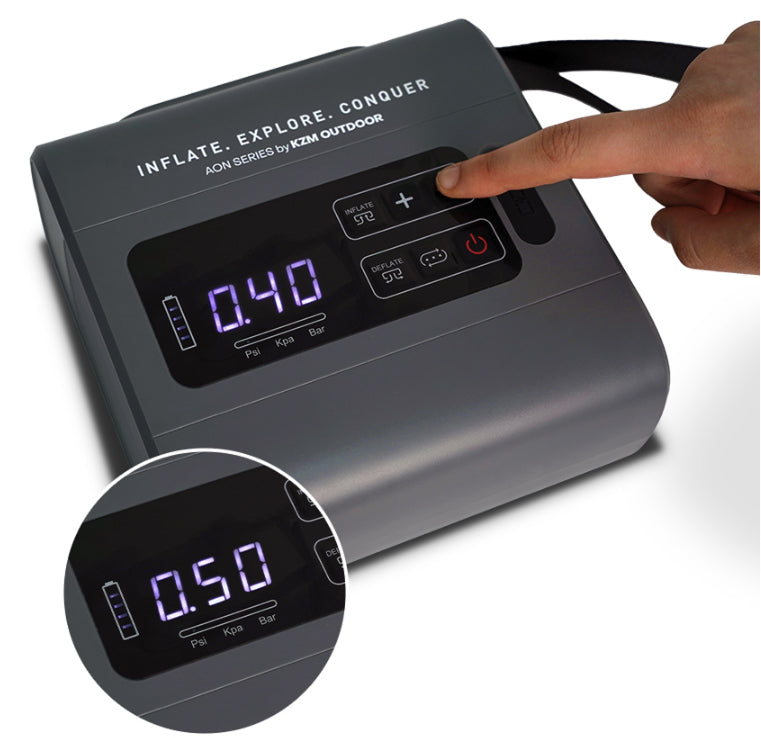 Finger pressing plus button on pump, LCD showing 8.0 PSI