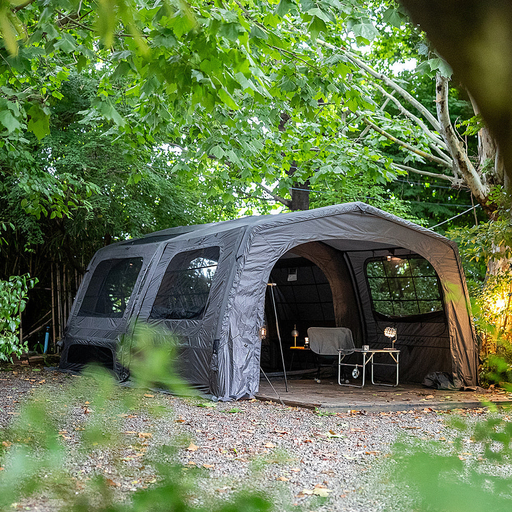 Kazmi AON T-250 Air Shelter pitched in forest campground