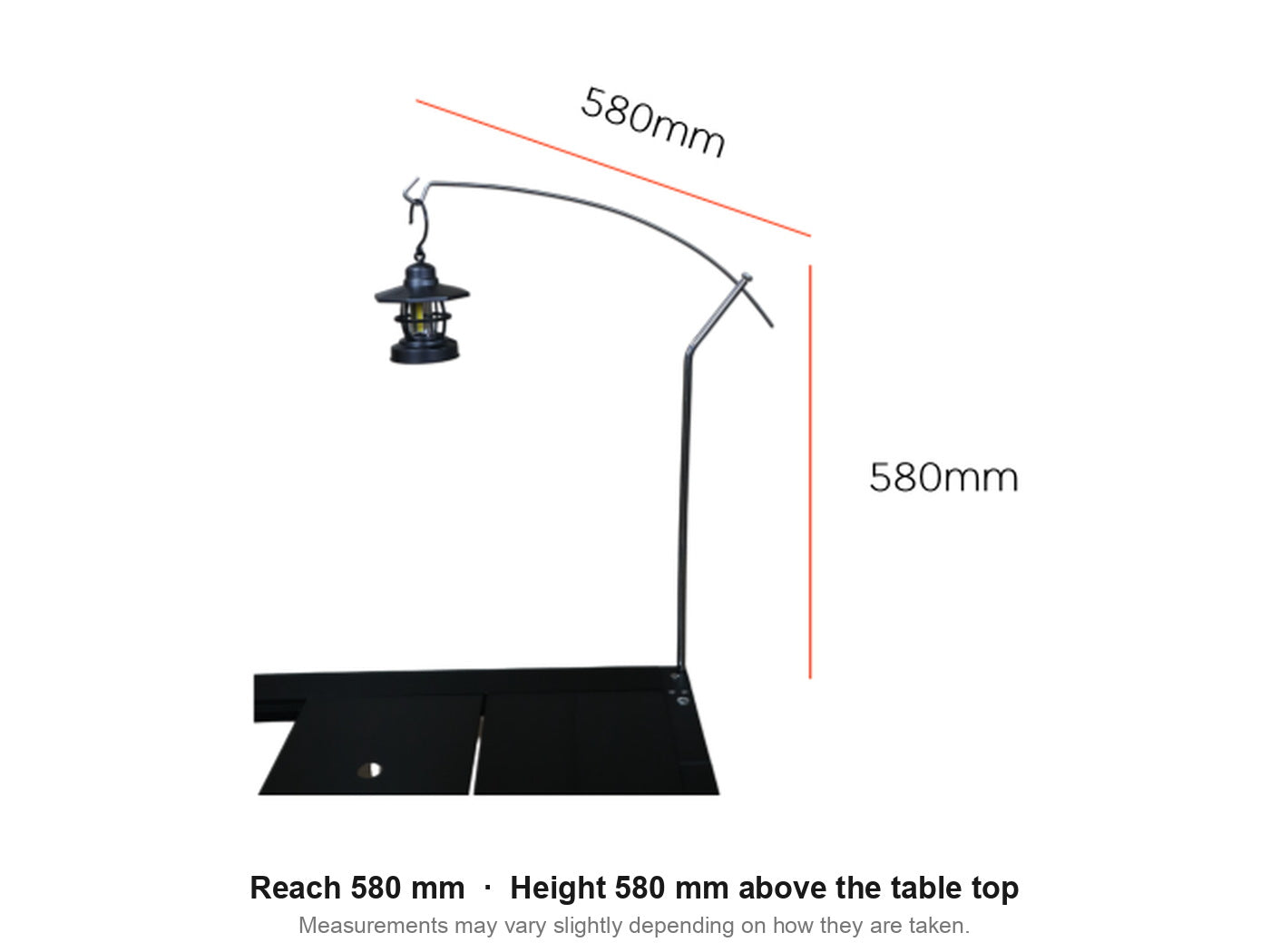 Dimension drawing: 580 mm reach and 580 mm height above the table top.
