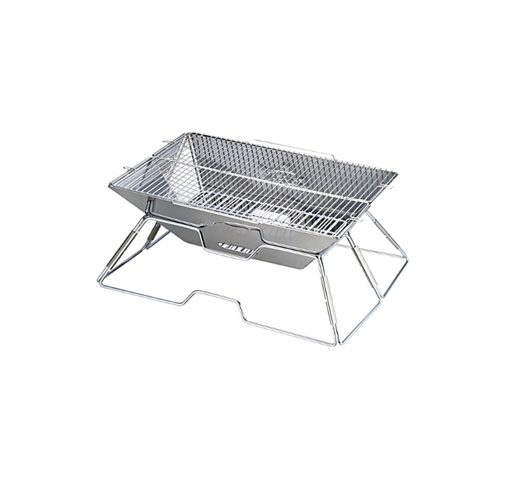 Magic 2 Stainless BBQ Grill set up, three-quarter view