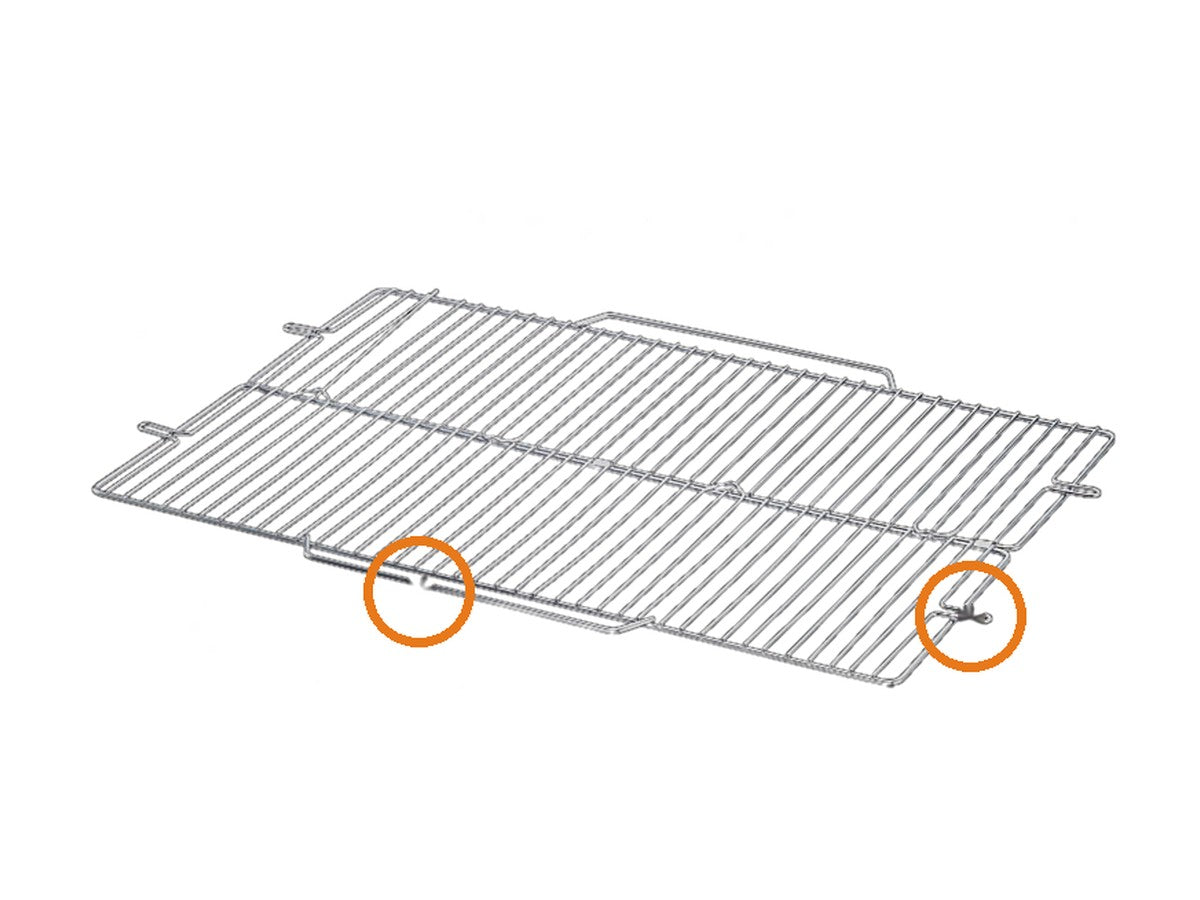 Stainless cooking grate on white with the handle and fixing plate marked