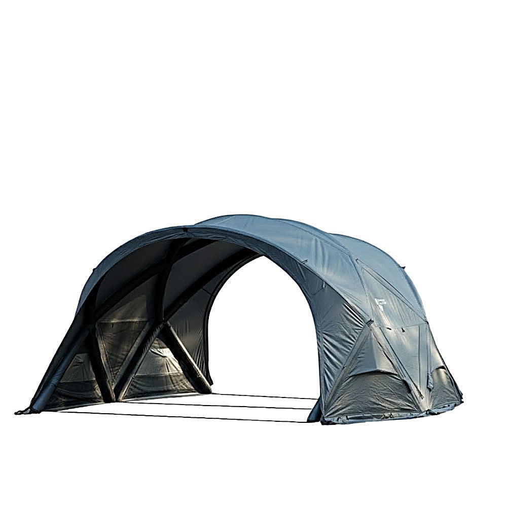 Minimal Works Shelter GM dome on a white studio background, both arched doorways open to show the frame structure