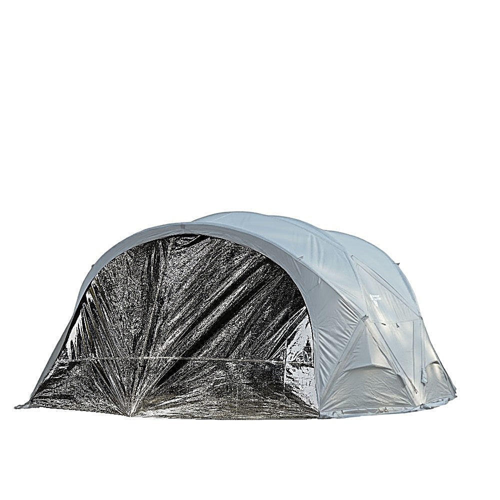Light gray Shelter GM shown with the reflective TPU Door panel closed over its front arch, studio white background