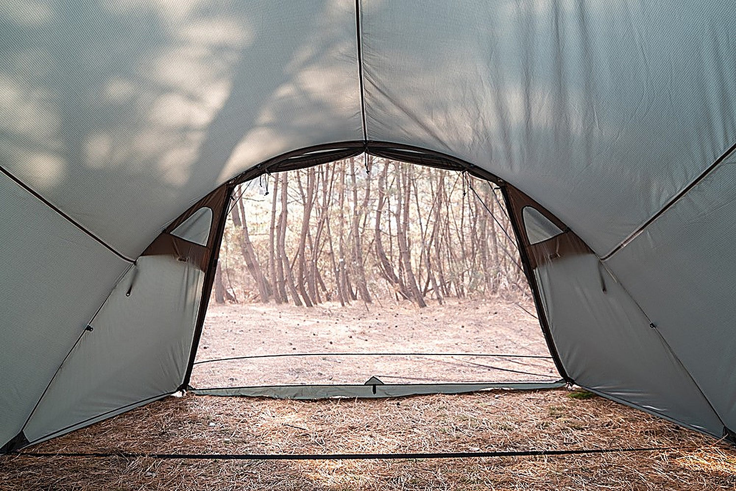 View from inside the Shelter GM Vestibule through its open doorway to the forest, with side vents visible